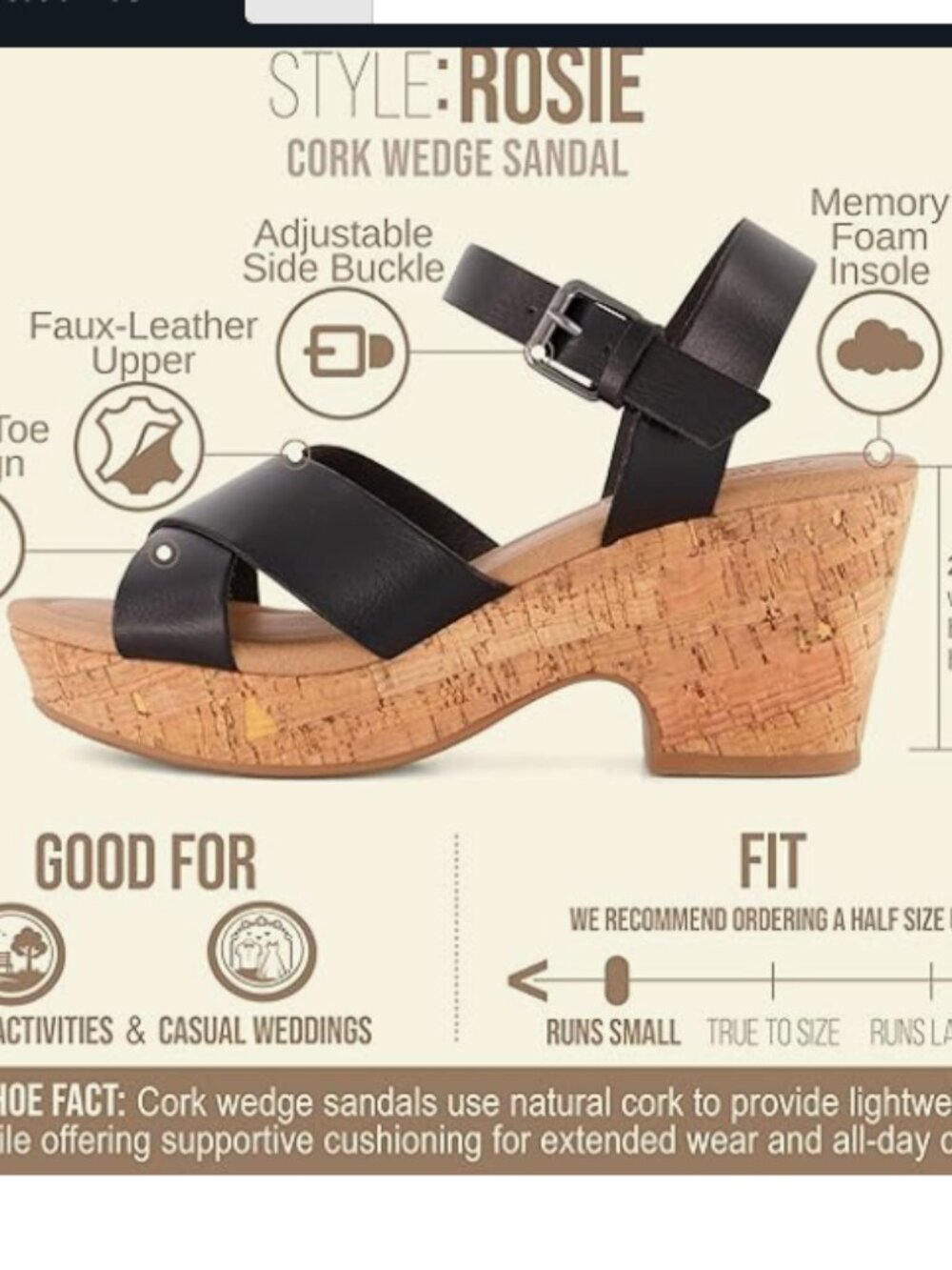 NIB Cushionaire Women’s Black Cork Wedge Sandals with Ankle Strap